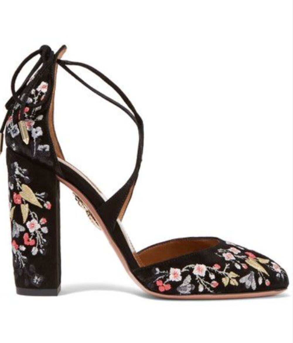 Aquazzura Black Embroidered Floral Ankle Tie High Heels Size 37